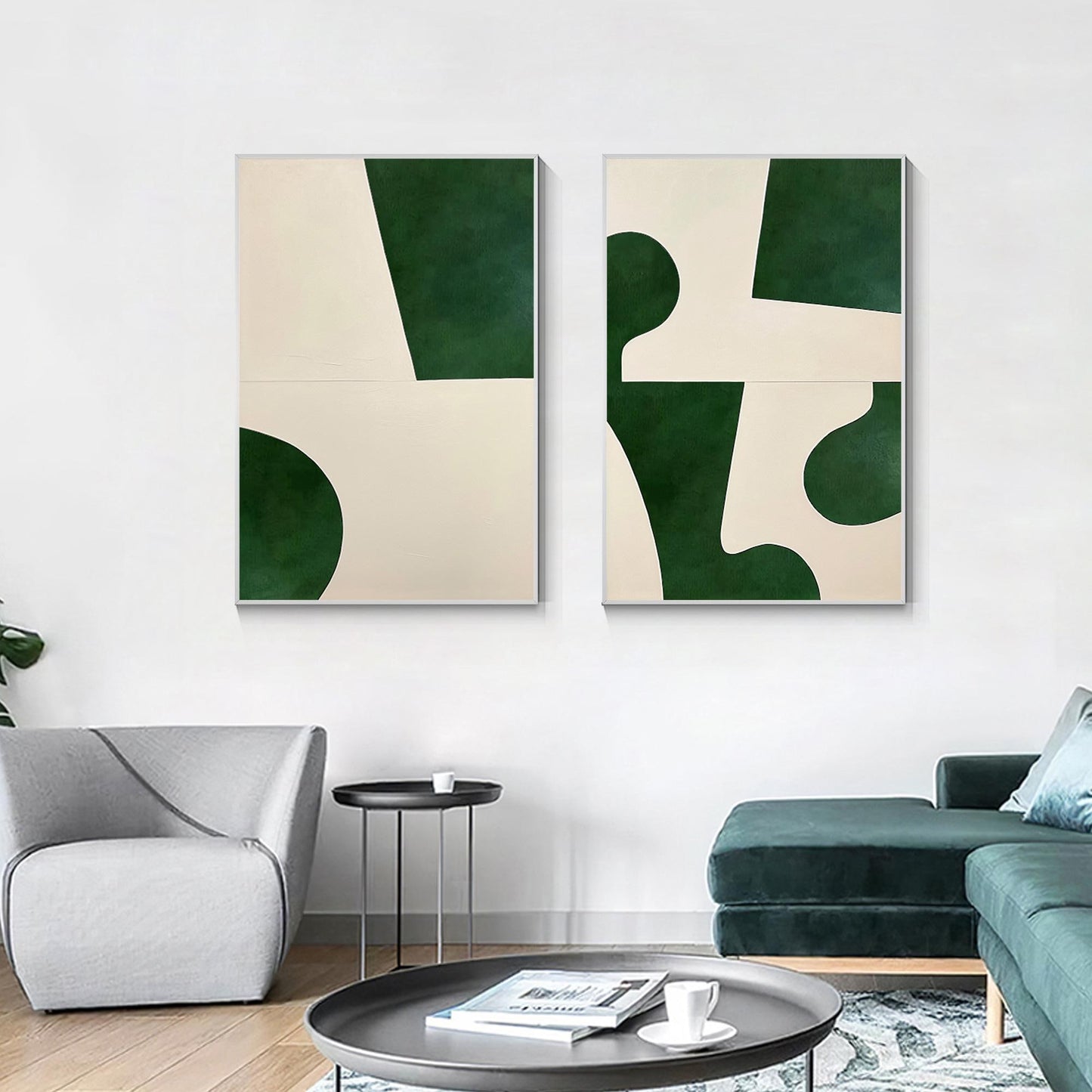 Set geometrische schilderijen: smaragdgroen beige minimalistische muurkunst #2