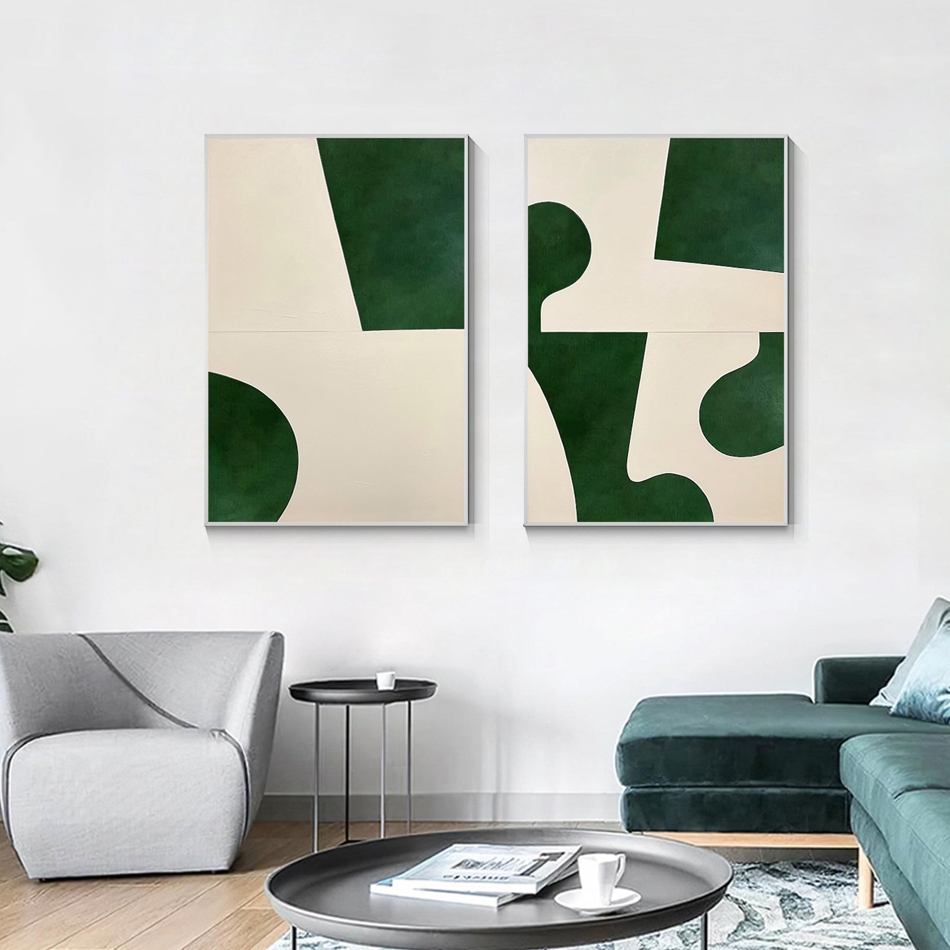 Set geometrische schilderijen: smaragdgroen beige minimalistische muurkunst #2