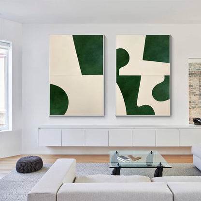 Set geometrische schilderijen: smaragdgroen beige minimalistische muurkunst #12