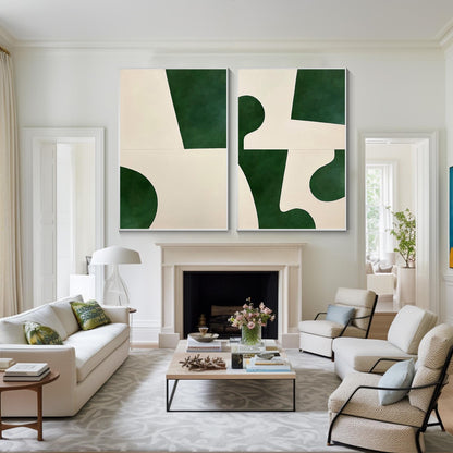 Set geometrische schilderijen: smaragdgroen beige minimalistische muurkunst #13