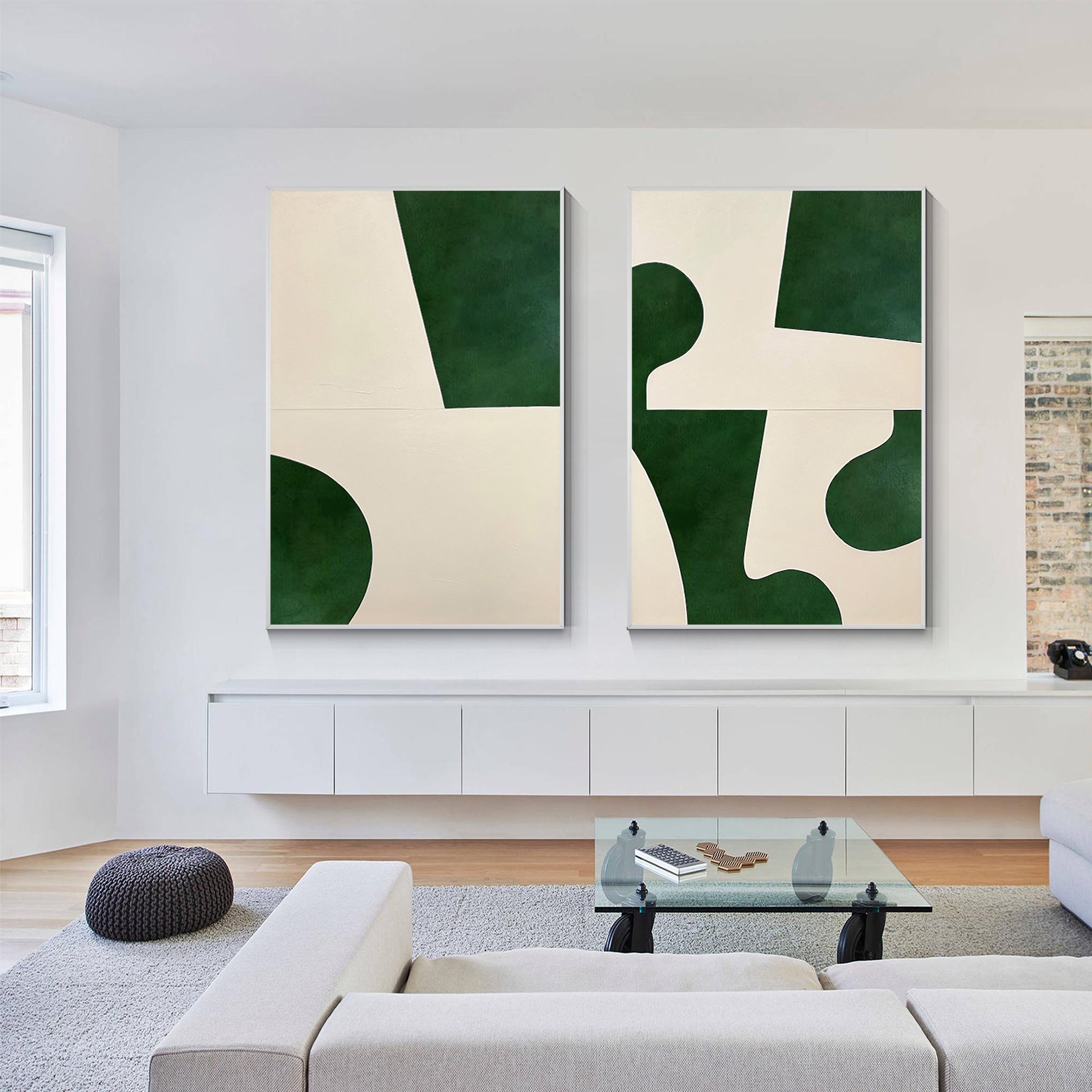 Set geometrische schilderijen: smaragdgroen beige minimalistische muurkunst #3