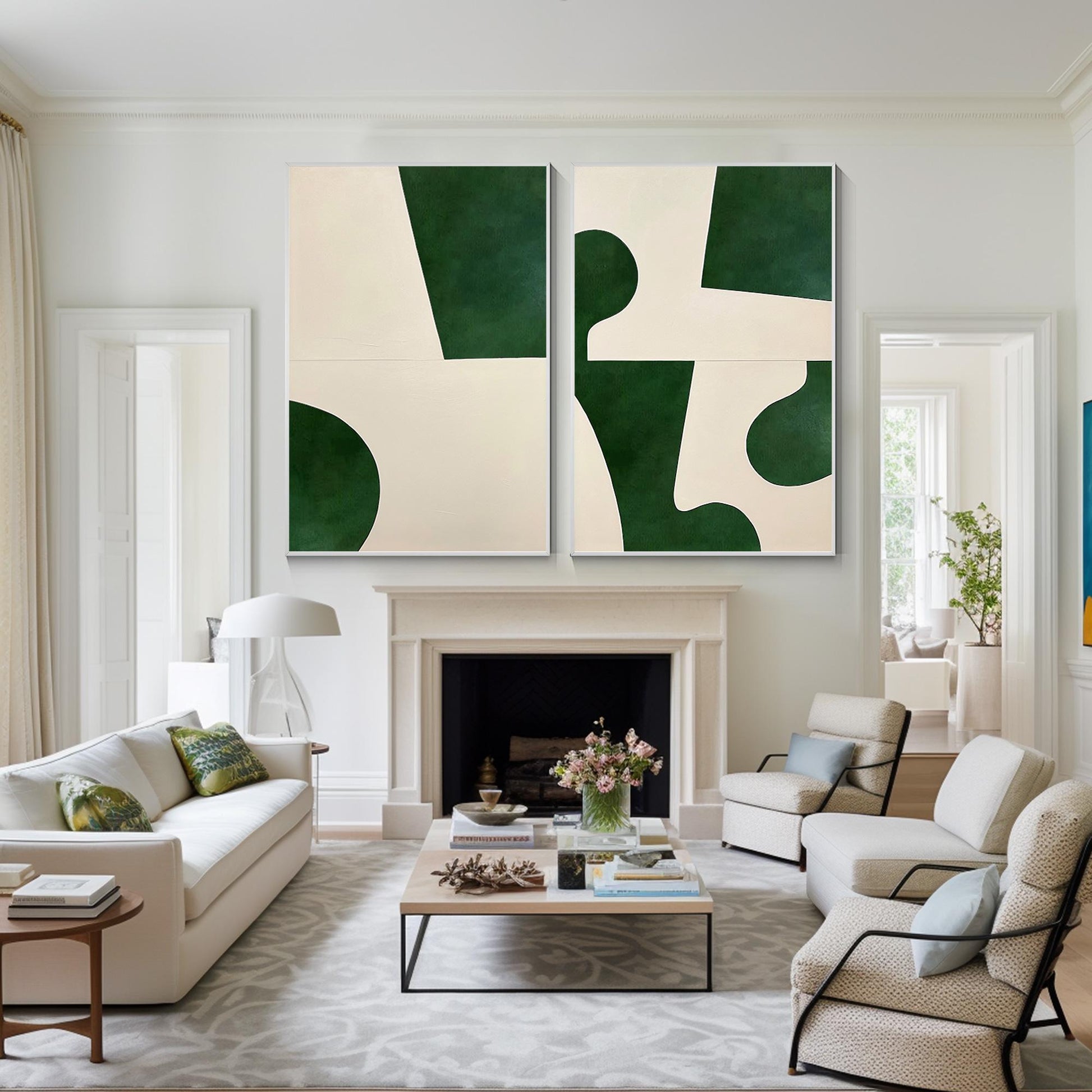 Set geometrische schilderijen: smaragdgroen beige minimalistische muurkunst #4