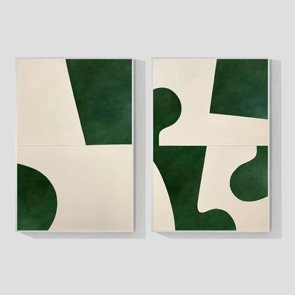 Set geometrische schilderijen: smaragdgroen beige minimalistische muurkunst #9