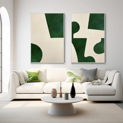 Set geometrische schilderijen: smaragdgroen beige minimalistische muurkunst #1