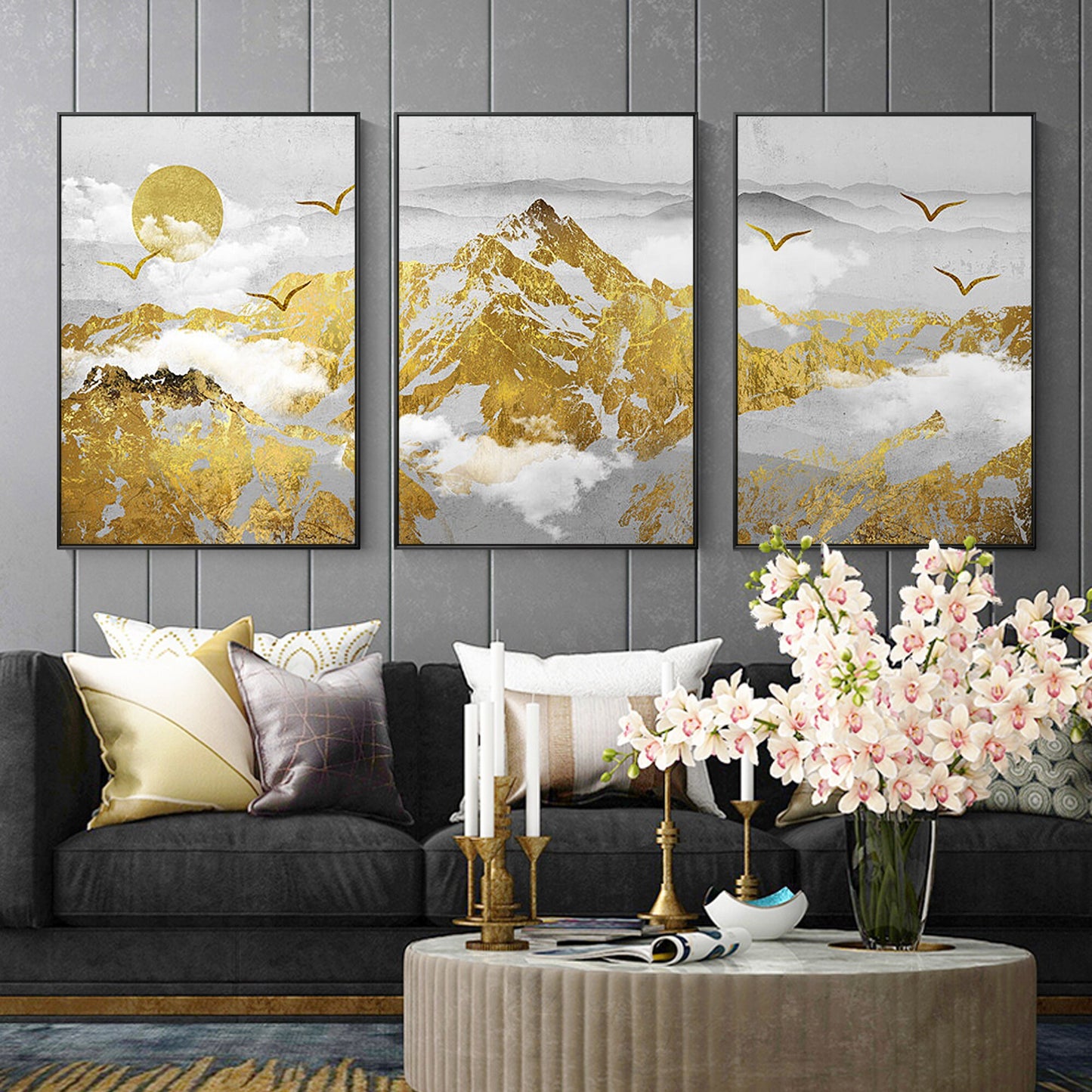 Set met gouden bergprint: abstracte landschapsmuurkunst #12