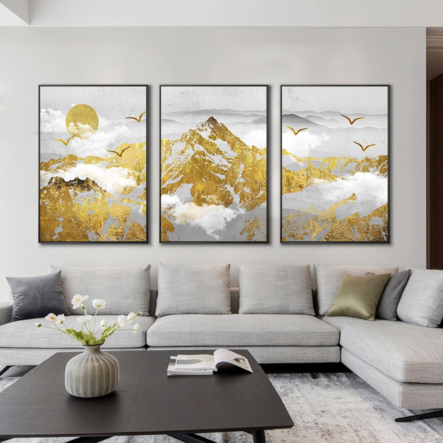 Set met gouden bergprint: abstracte landschapsmuurkunst #4