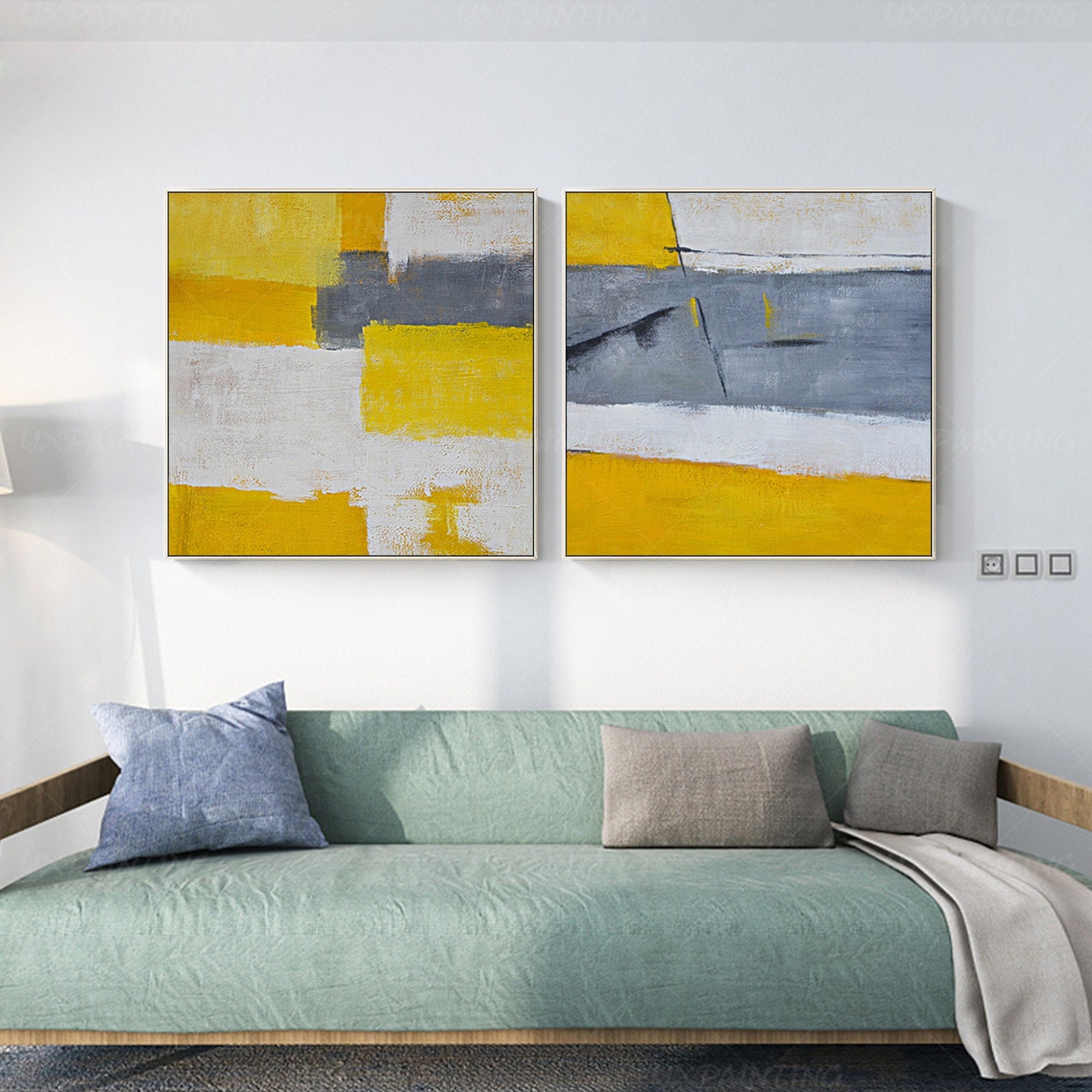 Set of 2: Mustard Yellow & Gray Abstract Framed Canvas Art #2