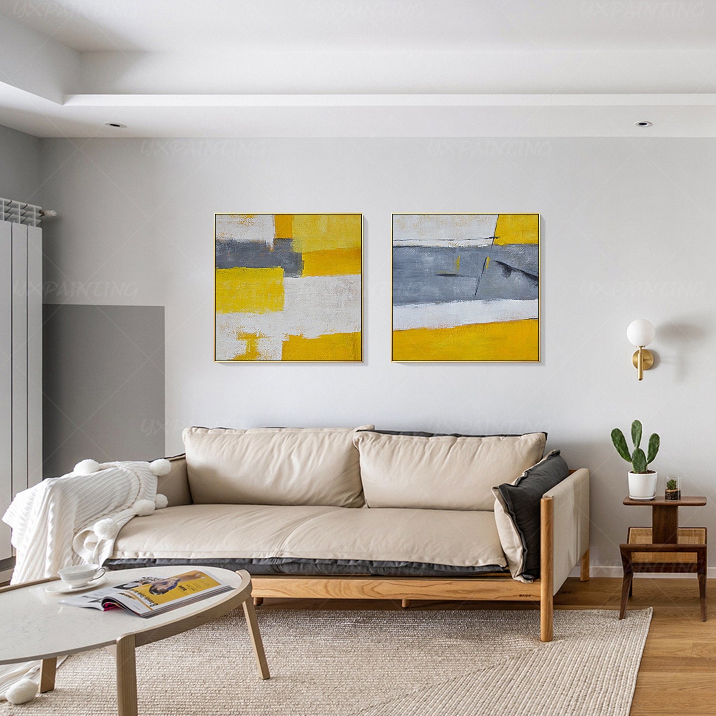 Set of 2: Mustard Yellow & Gray Abstract Framed Canvas Art #3