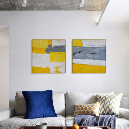 Set of 2: Mustard Yellow & Gray Abstract Framed Canvas Art #4