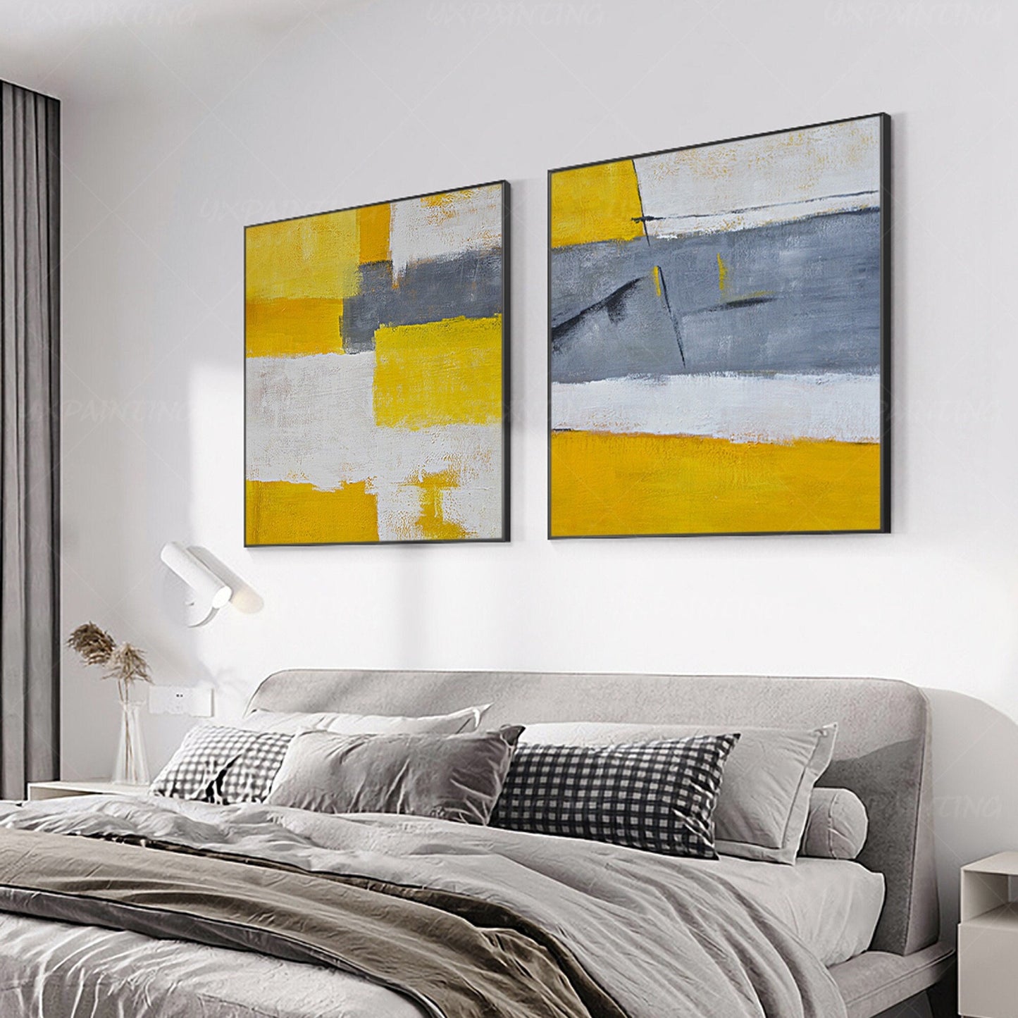 Set of 2: Mustard Yellow & Gray Abstract Framed Canvas Art #1