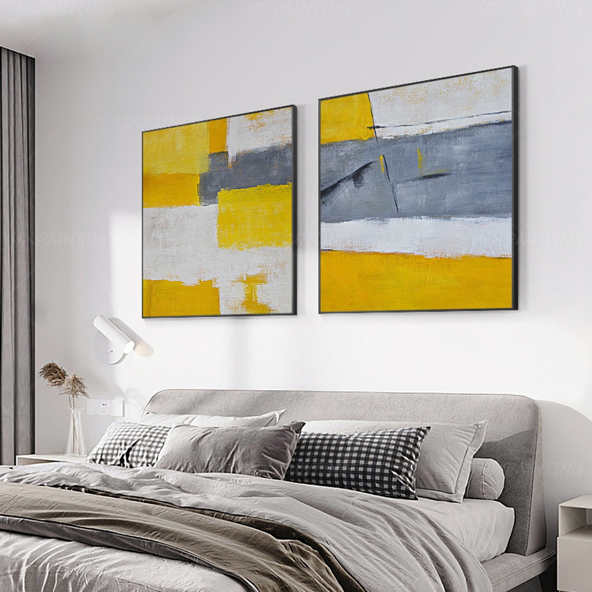 Set of 2: Mustard Yellow & Gray Abstract Framed Canvas Art #1