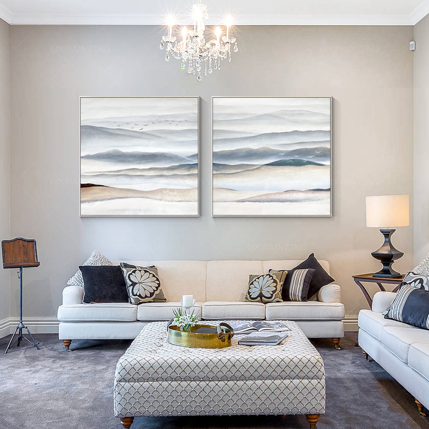 Set of 2 pieces landscape framed wall art gray beige abstract mountain wall art  #5