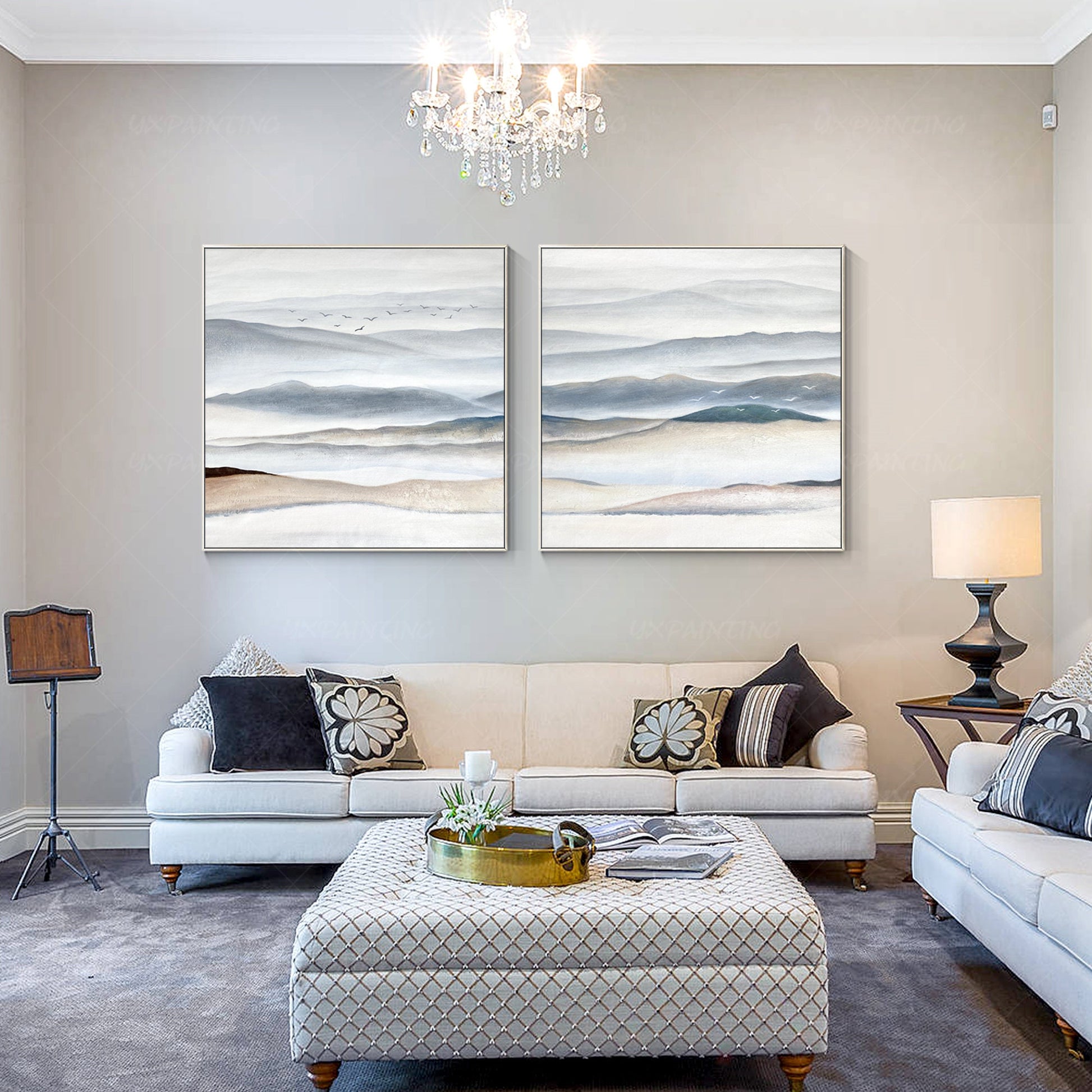Set of 2 pieces landscape framed wall art gray beige abstract mountain wall art  #5