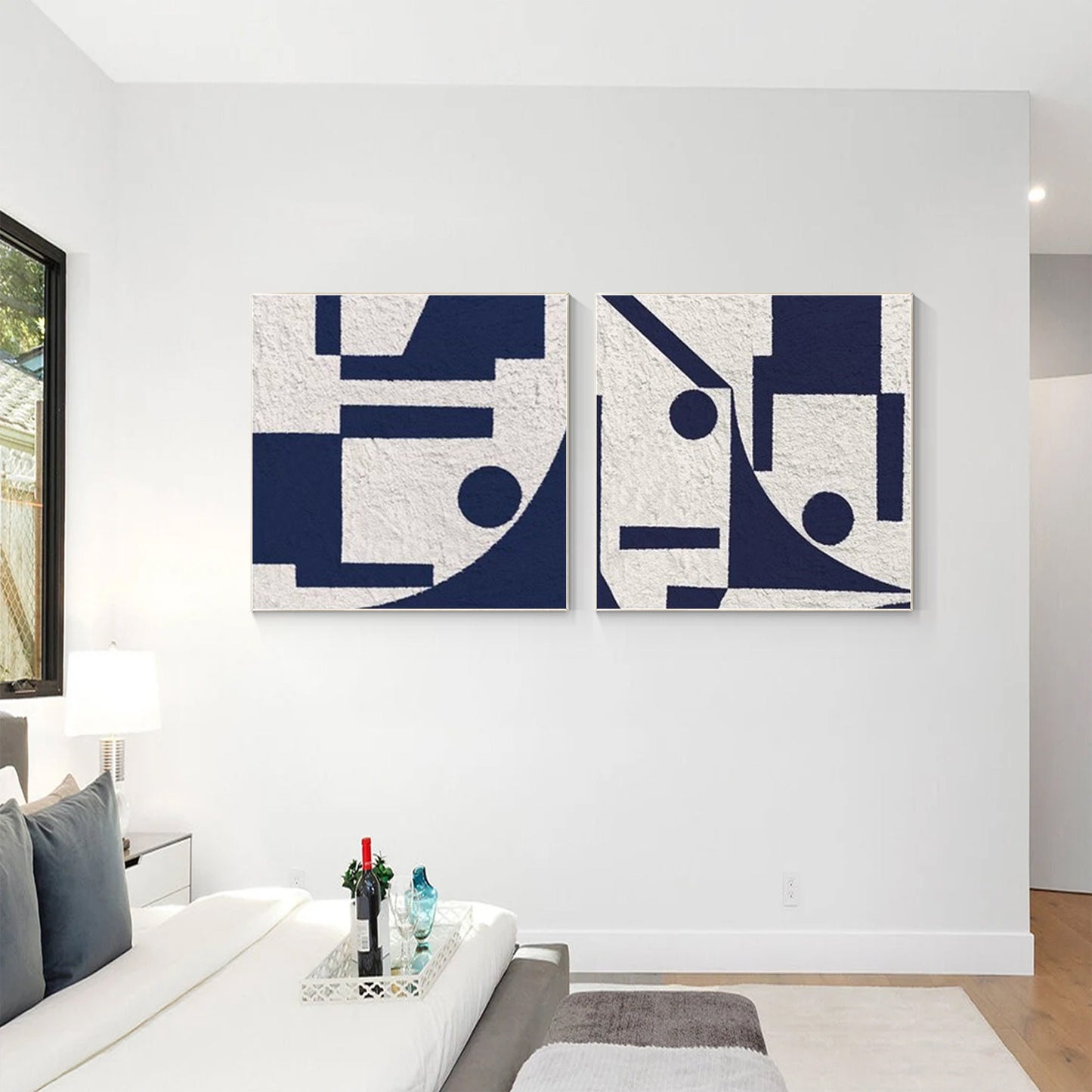 Set of 2 white blue textured minimalist painting, modern navy blue wall art, liv #2