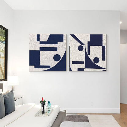 Set of 2 white blue textured minimalist painting, modern navy blue wall art, liv #2