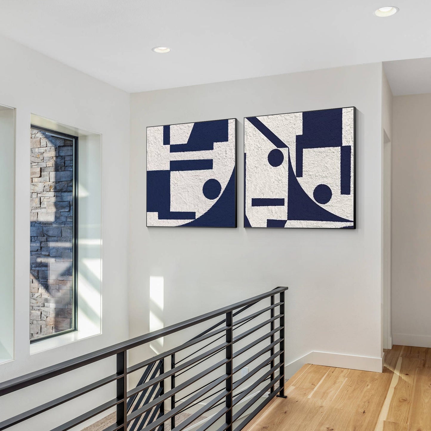 Set of 2 white blue textured minimalist painting, modern navy blue wall art, liv #3