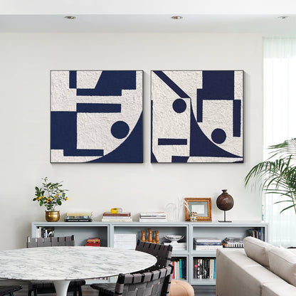 Set of 2 white blue textured minimalist painting, modern navy blue wall art, liv #4