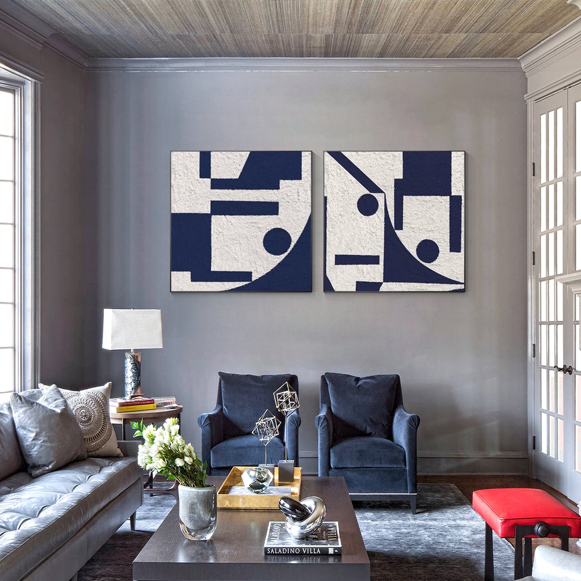 Set of 2 white blue textured minimalist painting, modern navy blue wall art, liv #5