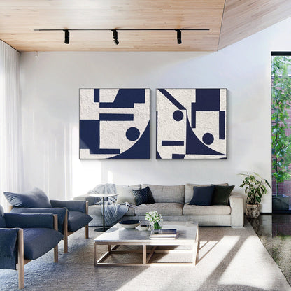 Set of 2 white blue textured minimalist painting, modern navy blue wall art, liv #1