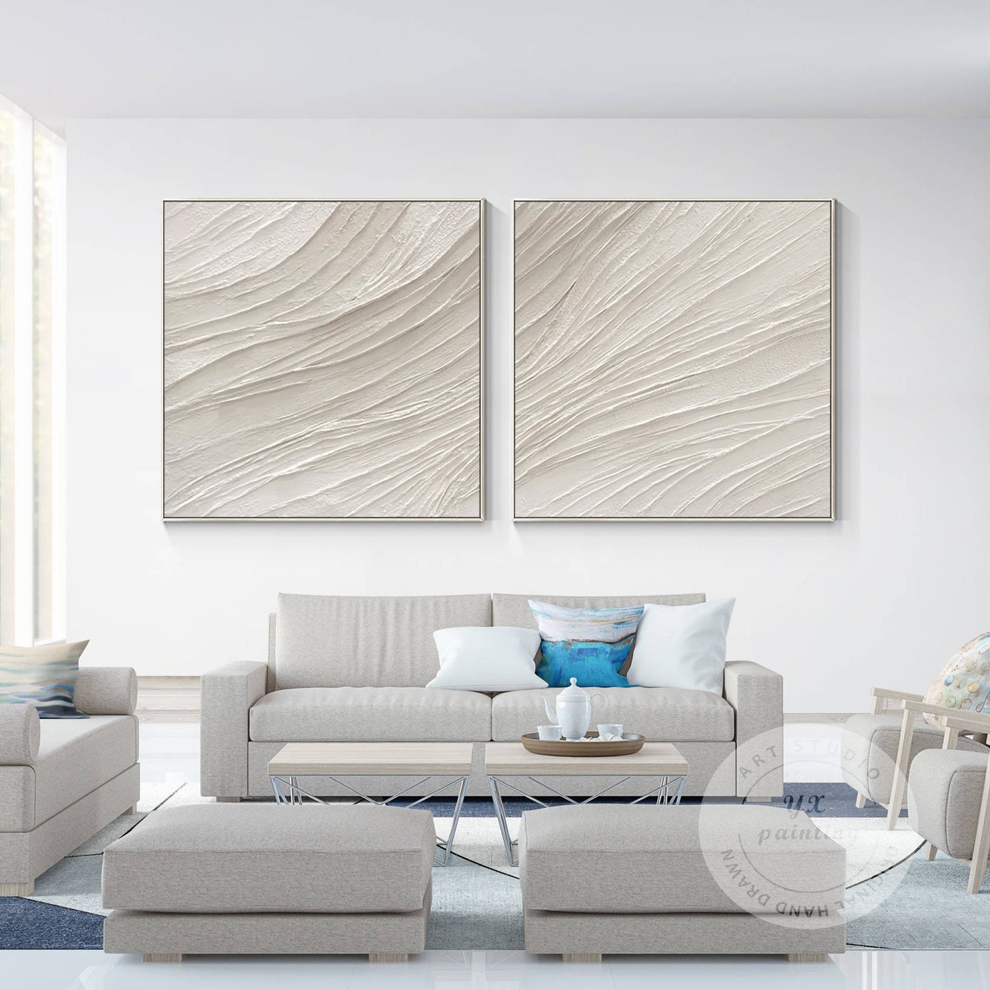 Set of 2 White Textured Abstract Painting: Nordic Modern Wall Art #4