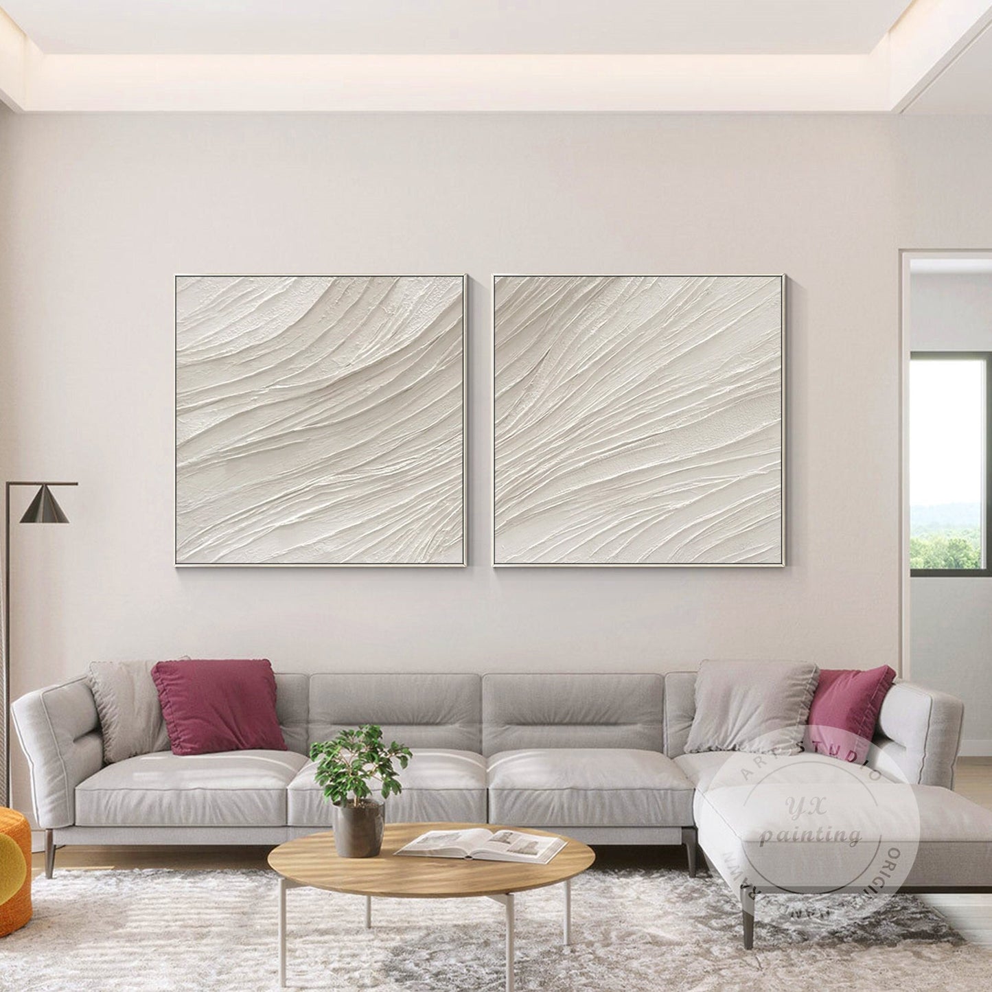 Set of 2 White Textured Abstract Painting: Nordic Modern Wall Art #1