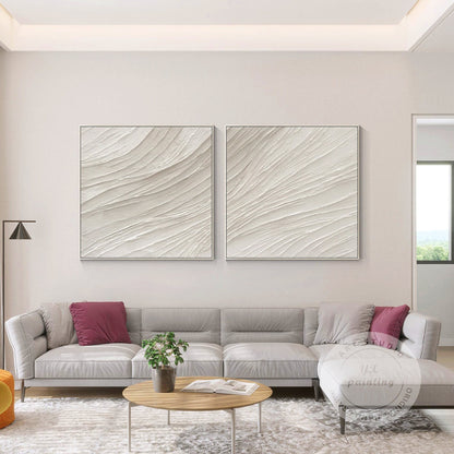 Set of 2 White Textured Abstract Painting: Nordic Modern Wall Art #1