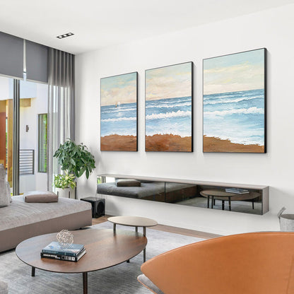 Set of 3 Abstract Beach Seascape Acrylic Painting: Coastal Wall Art #2