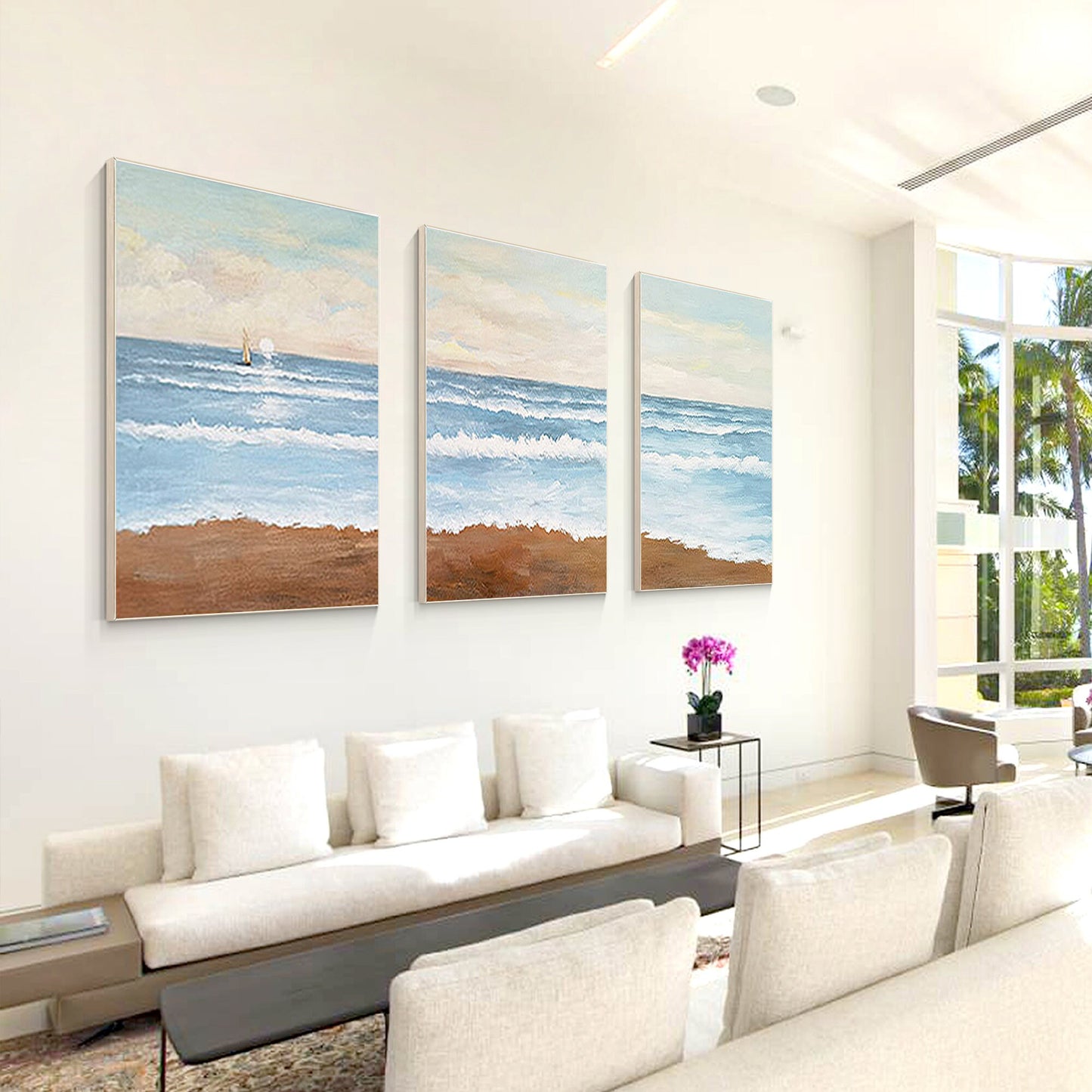 Set of 3 Abstract Beach Seascape Acrylic Painting: Coastal Wall Art #3