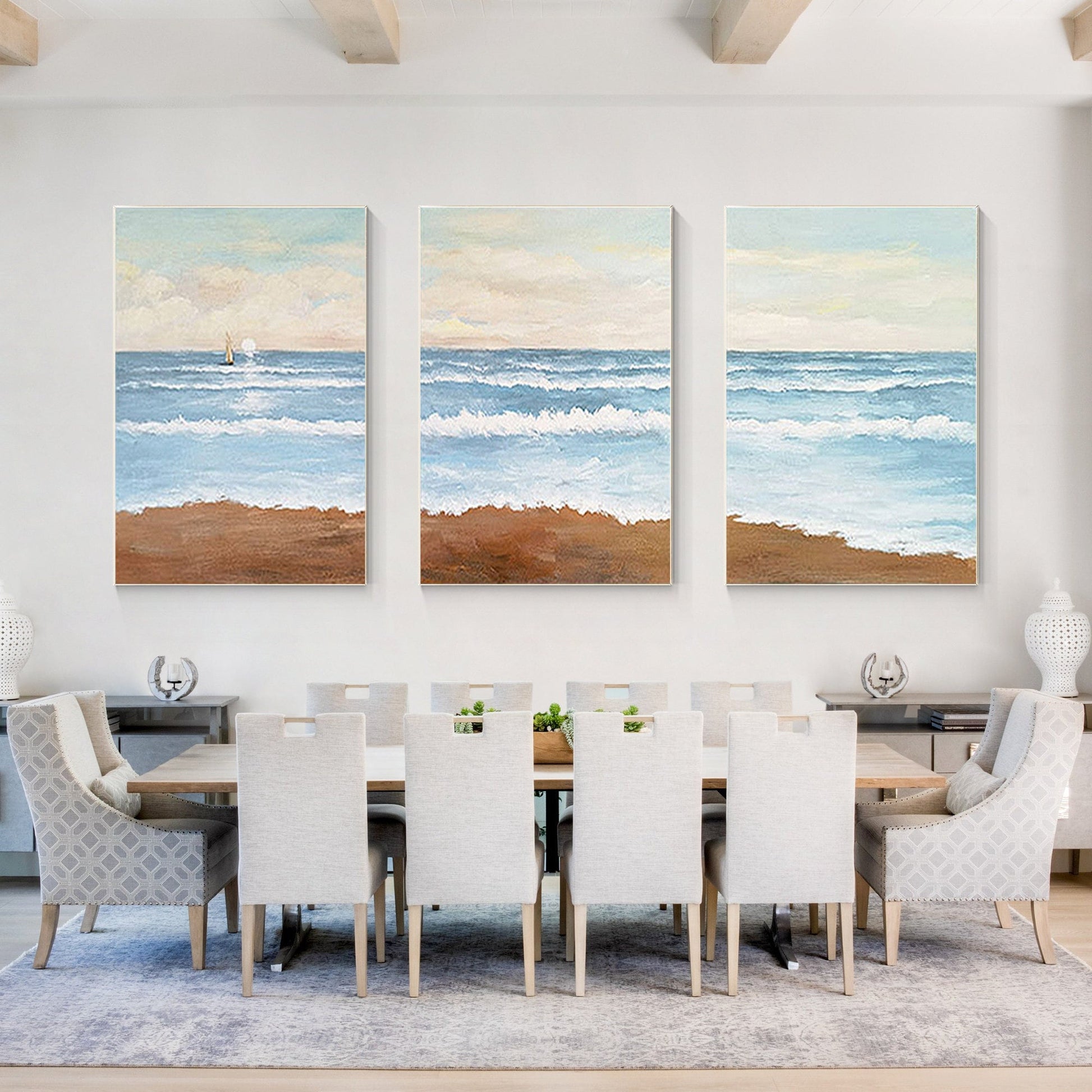 Set of 3 Abstract Beach Seascape Acrylic Painting: Coastal Wall Art #1