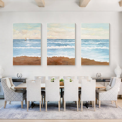 Set of 3 Abstract Beach Seascape Acrylic Painting: Coastal Wall Art #1