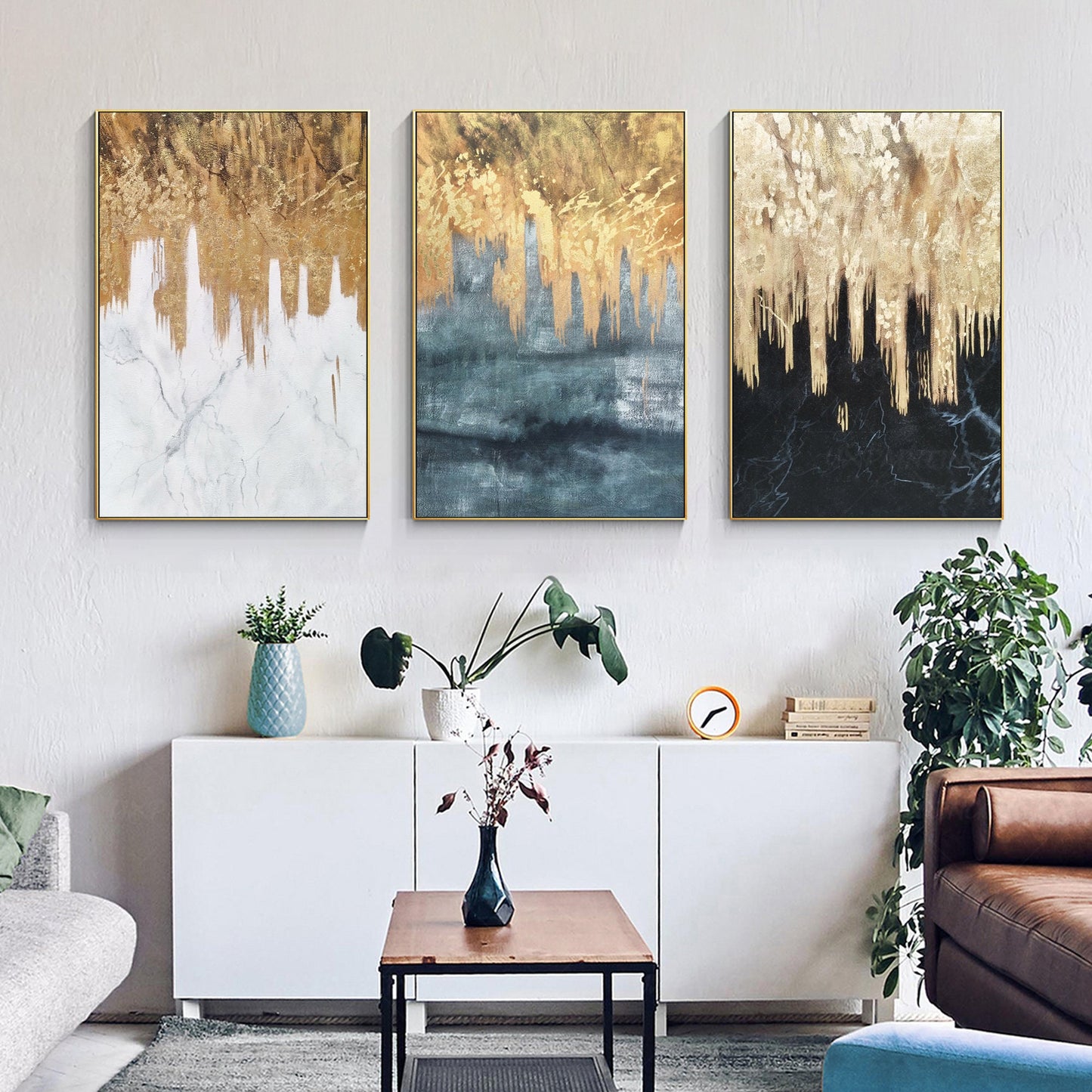Set of 3 black white sage gold foil wall art framed, textured painting canvas, m #3