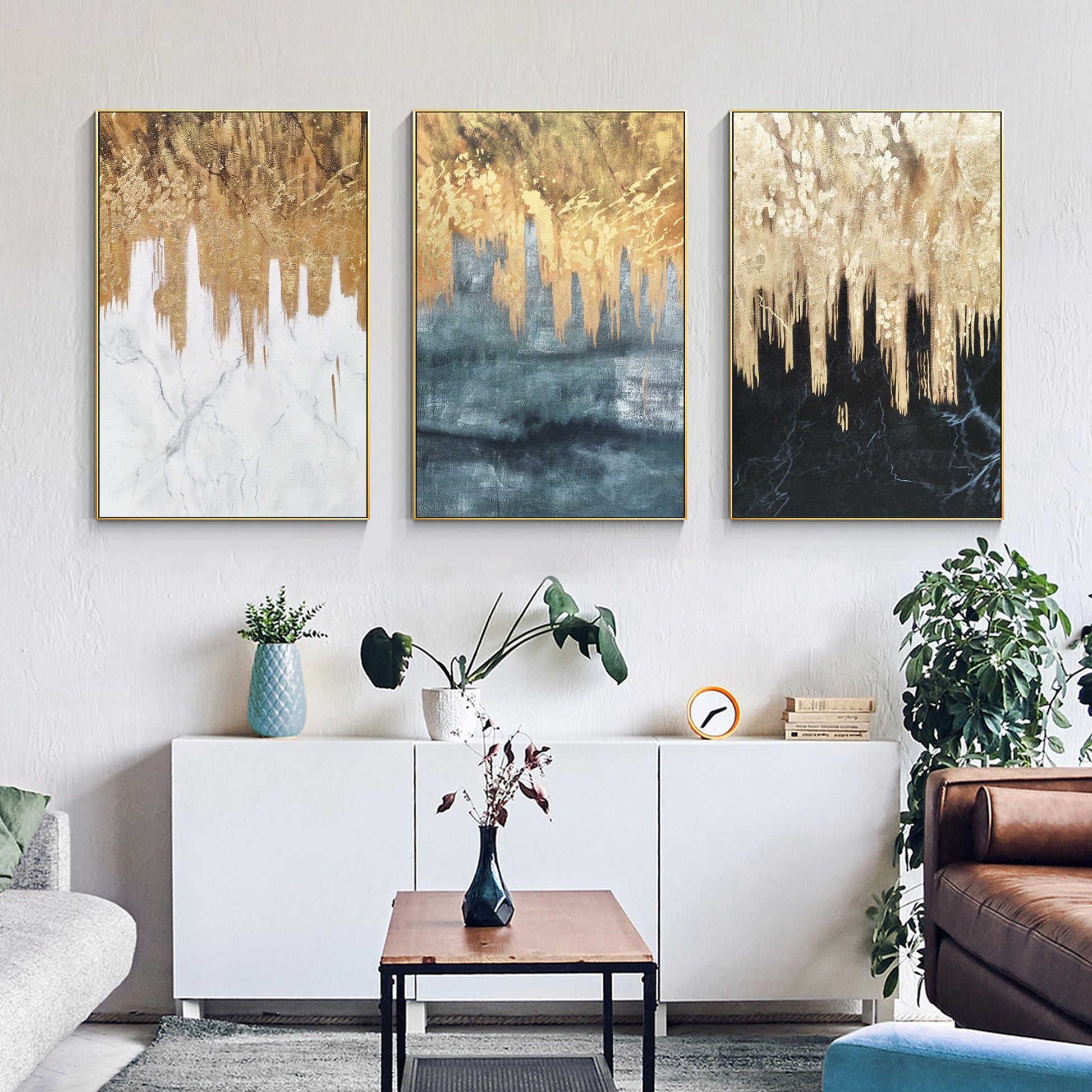 Set of 3 black white sage gold foil wall art framed, textured painting canvas, m #3