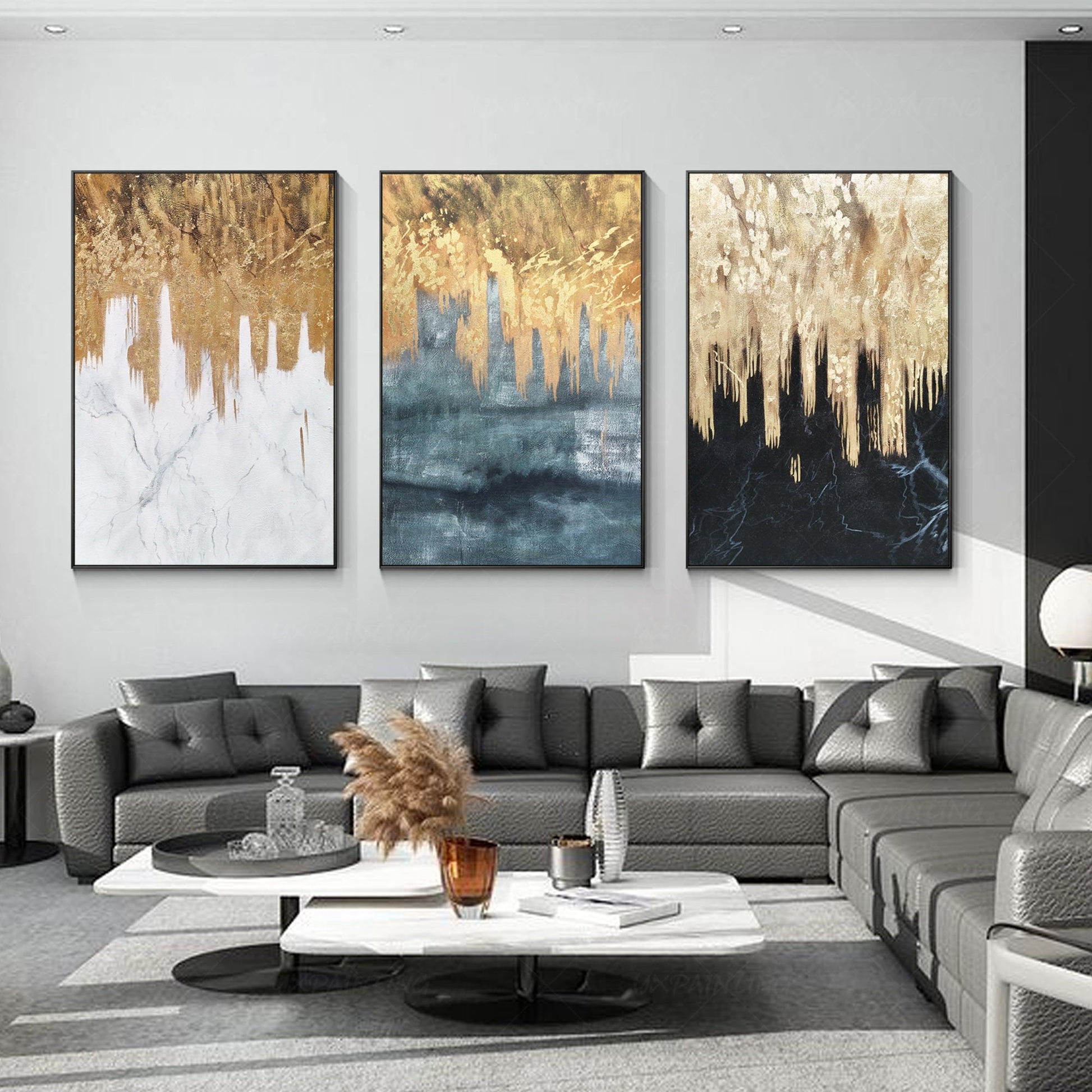 Set of 3 black white sage gold foil wall art framed, textured painting canvas, m #4