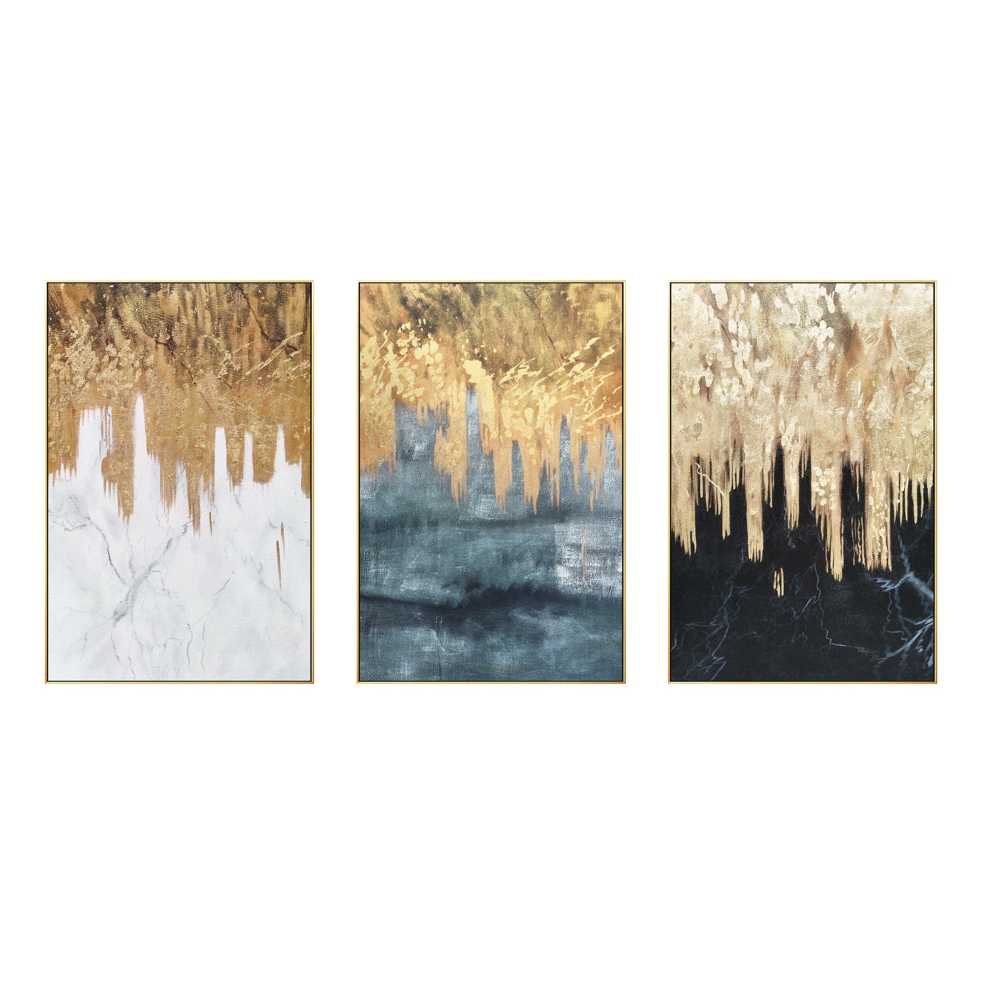 Set of 3 black white sage gold foil wall art framed, textured painting canvas, m #8