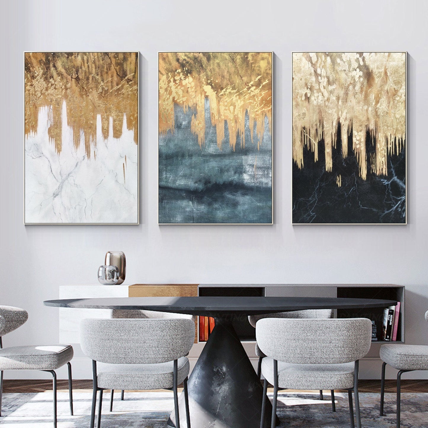 Set of 3 black white sage gold foil wall art framed, textured painting canvas, m #1