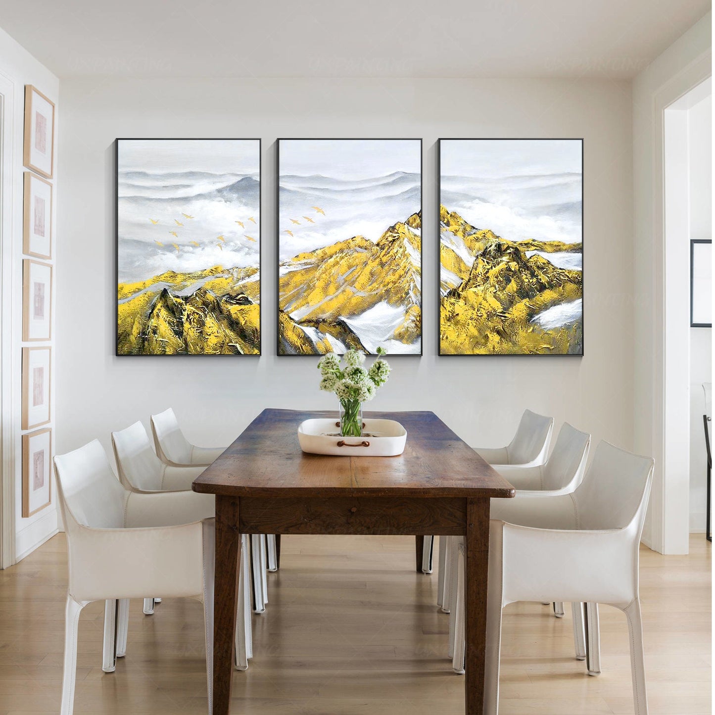 Set of 3 Gold Abstract Mountain Painting: Heavy Texture Framed Canvas Wall Art #2