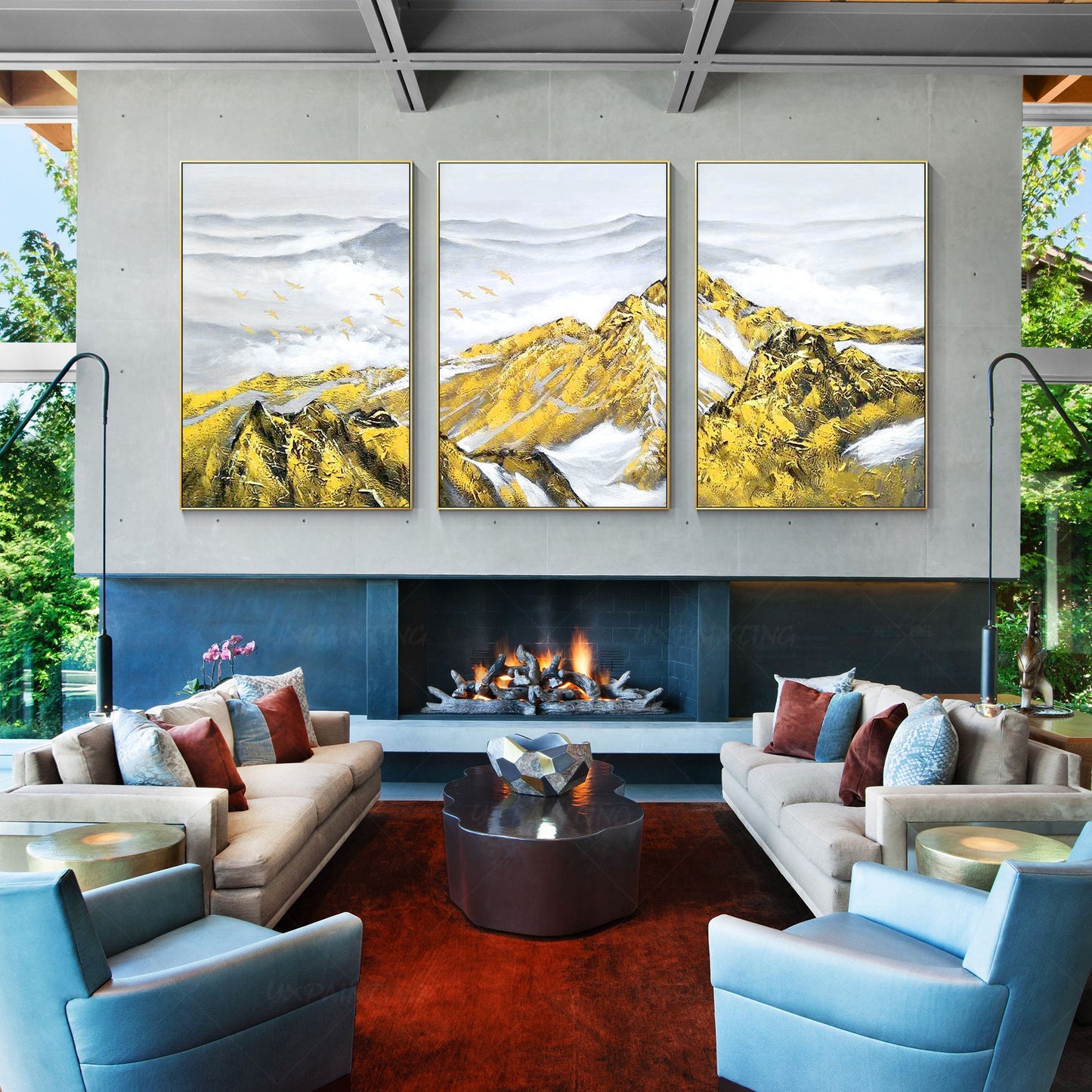 Set of 3 Gold Abstract Mountain Painting: Heavy Texture Framed Canvas Wall Art #3