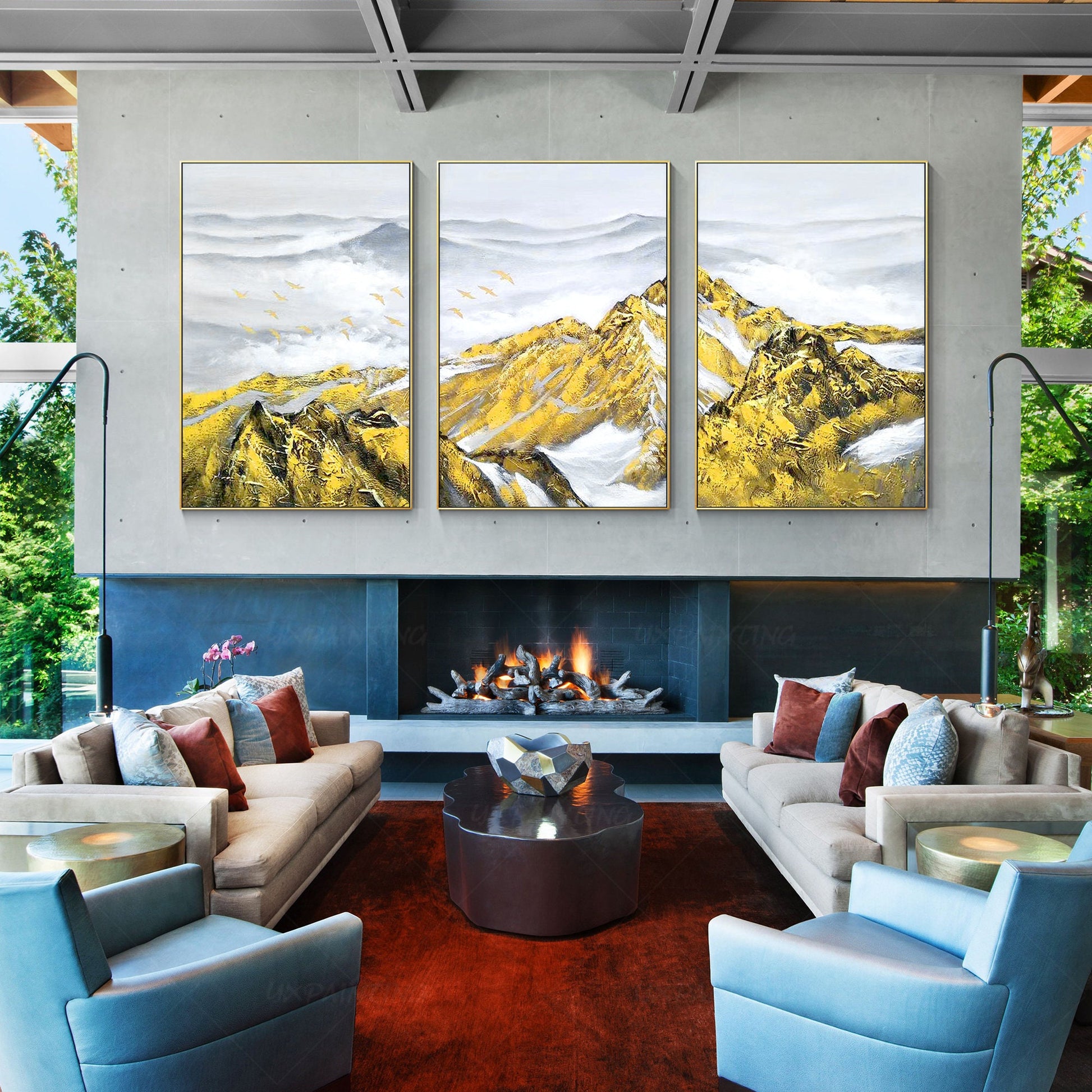 Set of 3 Gold Abstract Mountain Painting: Heavy Texture Framed Canvas Wall Art #3