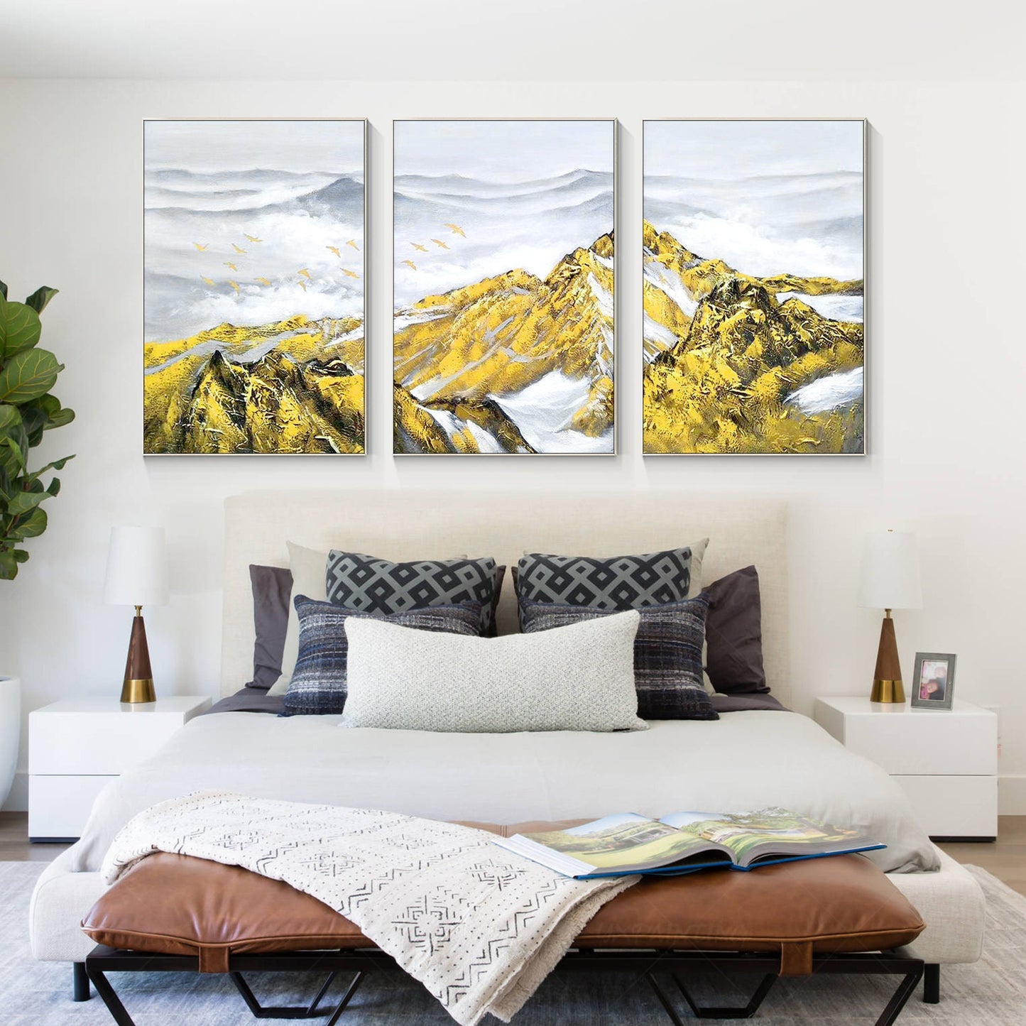 Set of 3 Gold Abstract Mountain Painting: Heavy Texture Framed Canvas Wall Art #4