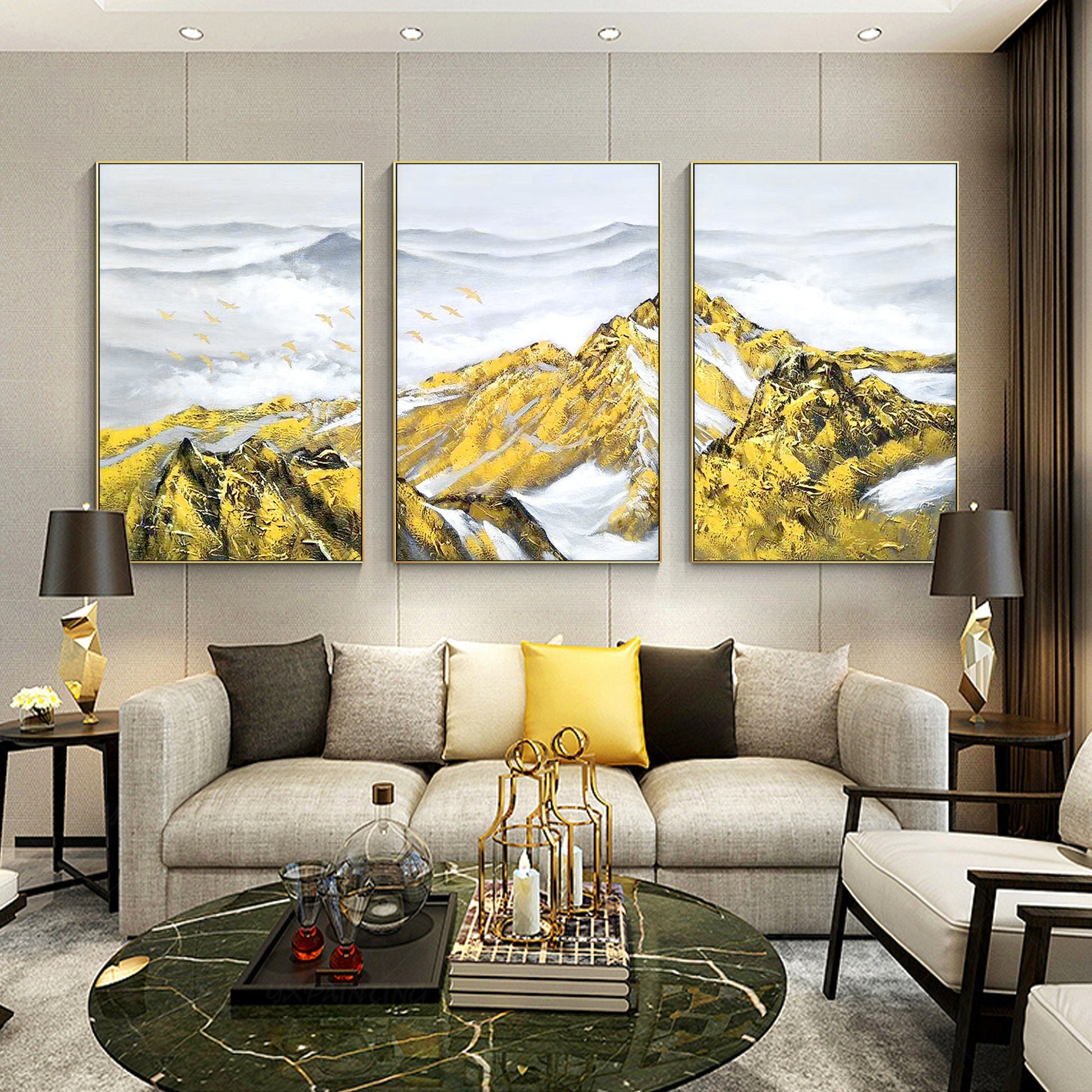Set of 3 Gold Abstract Mountain Painting: Heavy Texture Framed Canvas Wall Art #5