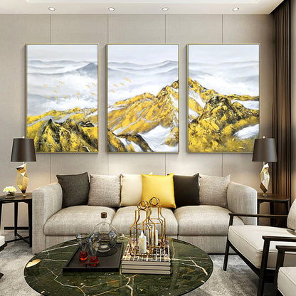Set of 3 Gold Abstract Mountain Painting: Heavy Texture Framed Canvas Wall Art #5