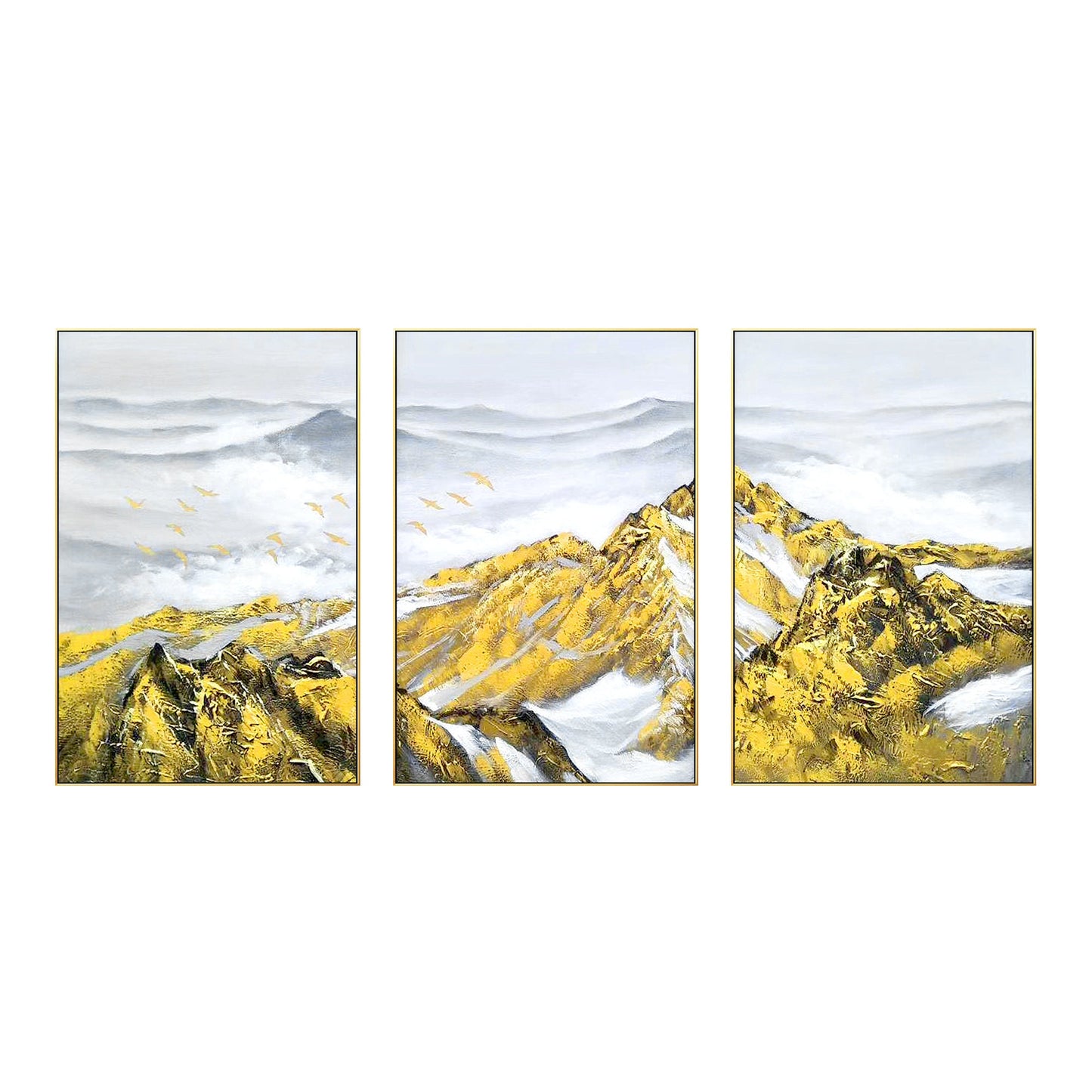 Set of 3 Gold Abstract Mountain Painting: Heavy Texture Framed Canvas Wall Art #8