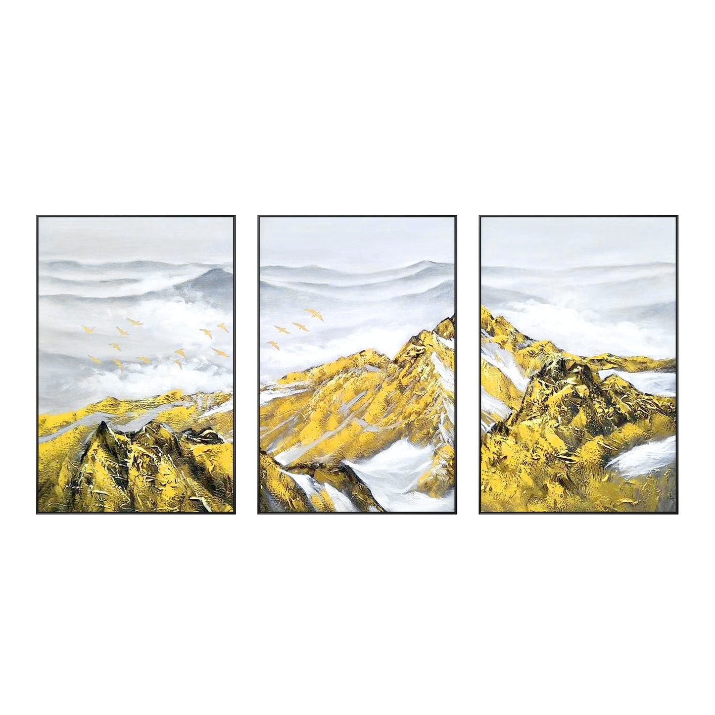 Set of 3 Gold Abstract Mountain Painting: Heavy Texture Framed Canvas Wall Art #10