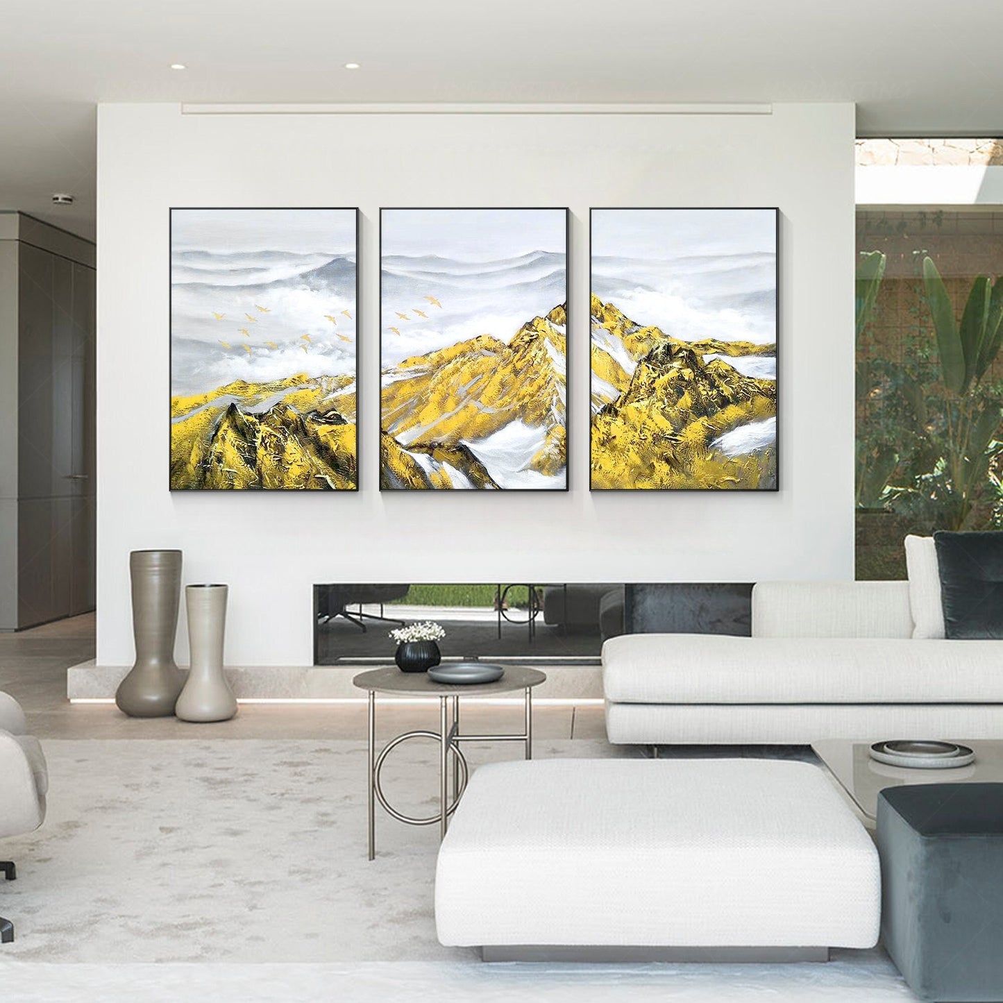 Set of 3 Gold Abstract Mountain Painting: Heavy Texture Framed Canvas Wall Art #1