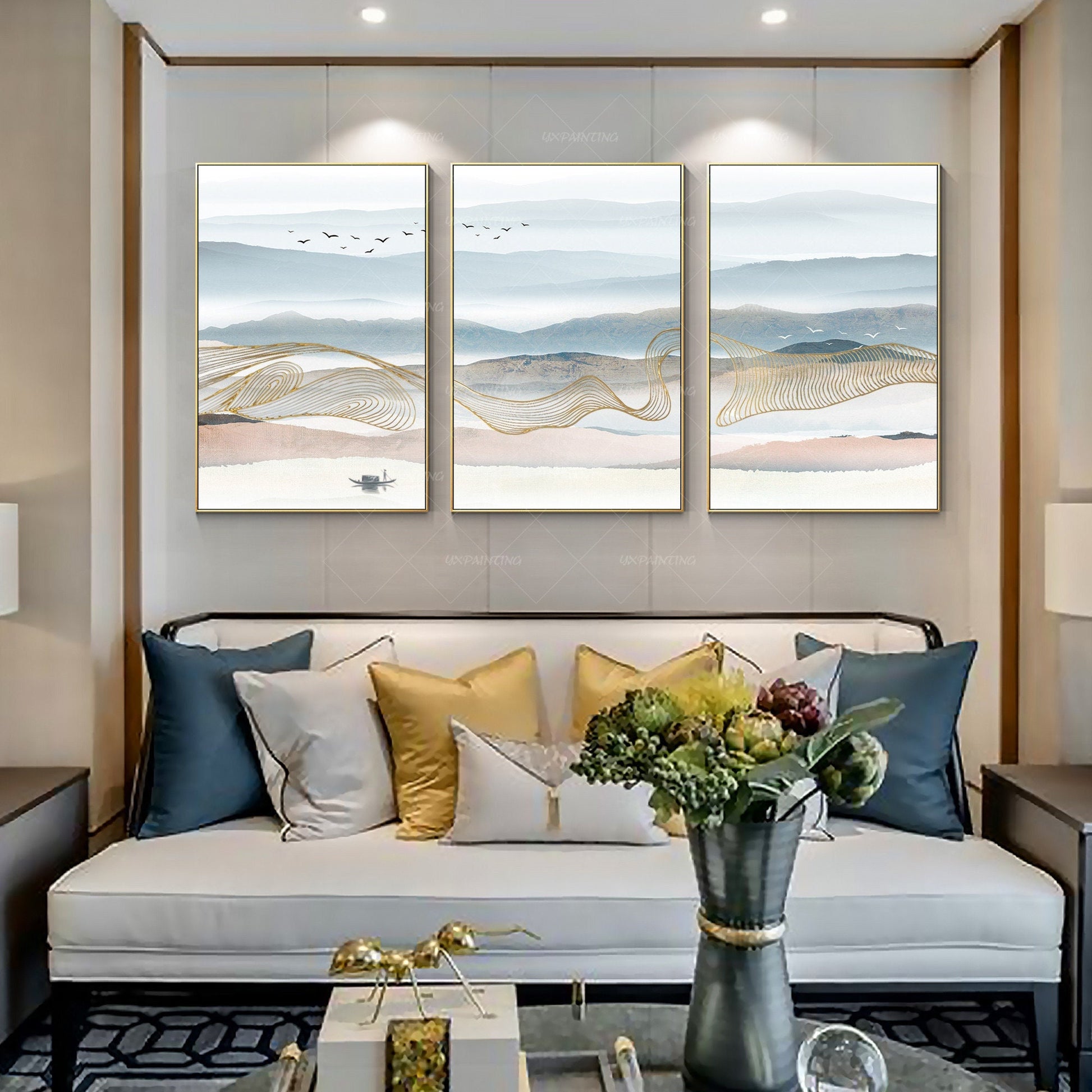 Set of 3 Mountain Canvas Painting: Gold Line Abstract Landscape Wall Art #2