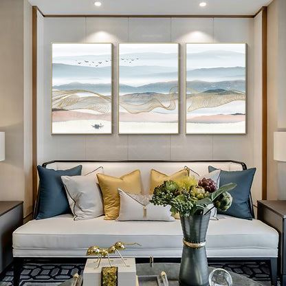 Set of 3 Mountain Canvas Painting: Gold Line Abstract Landscape Wall Art #2