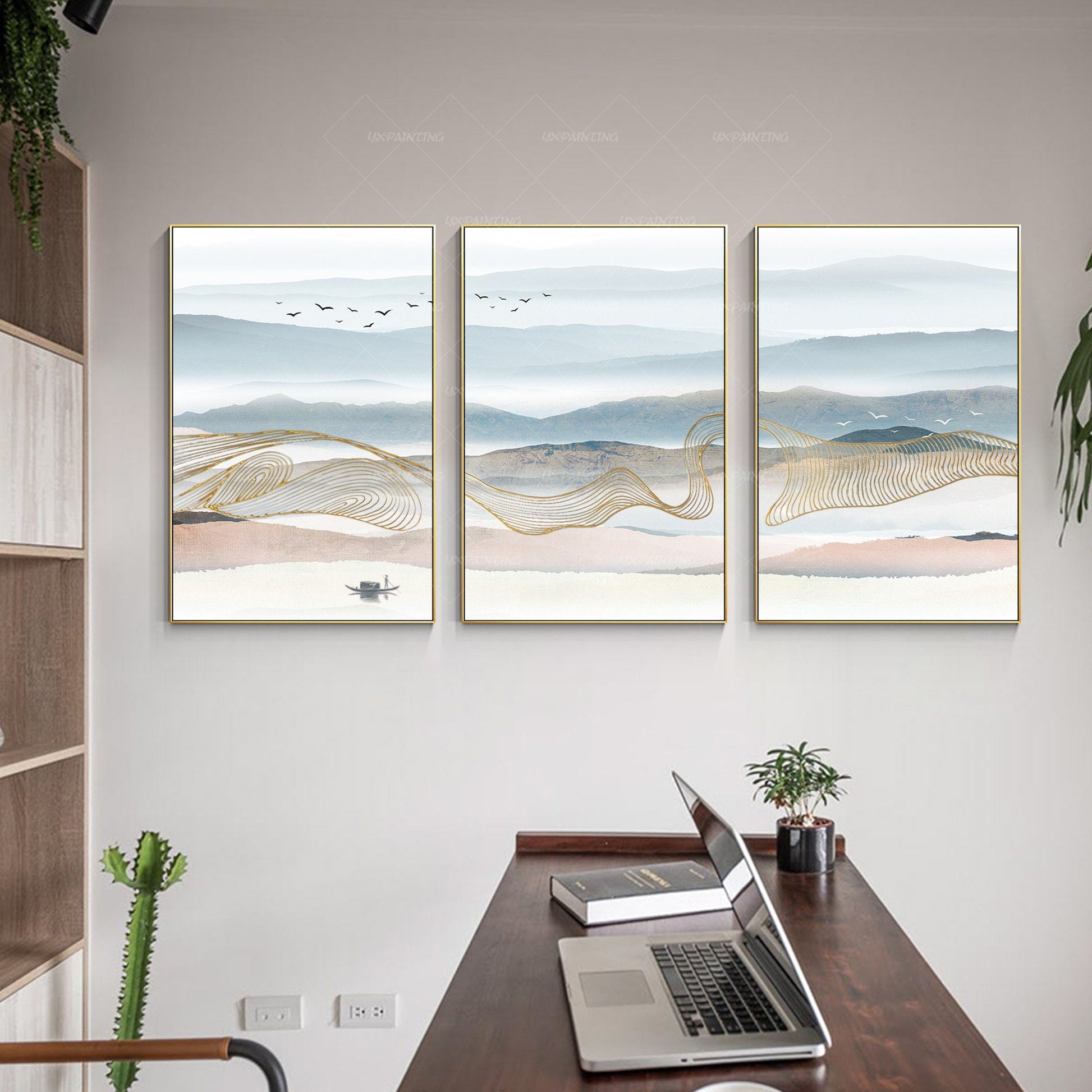 Set of 3 Mountain Canvas Painting: Gold Line Abstract Landscape Wall Art #4