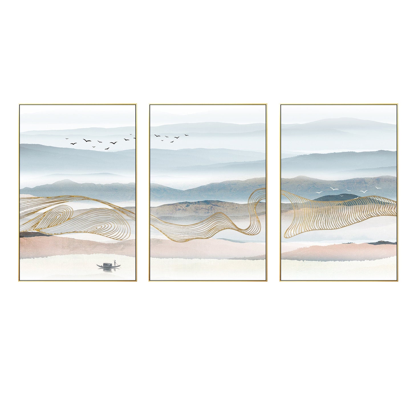 Set of 3 Mountain Canvas Painting: Gold Line Abstract Landscape Wall Art #7