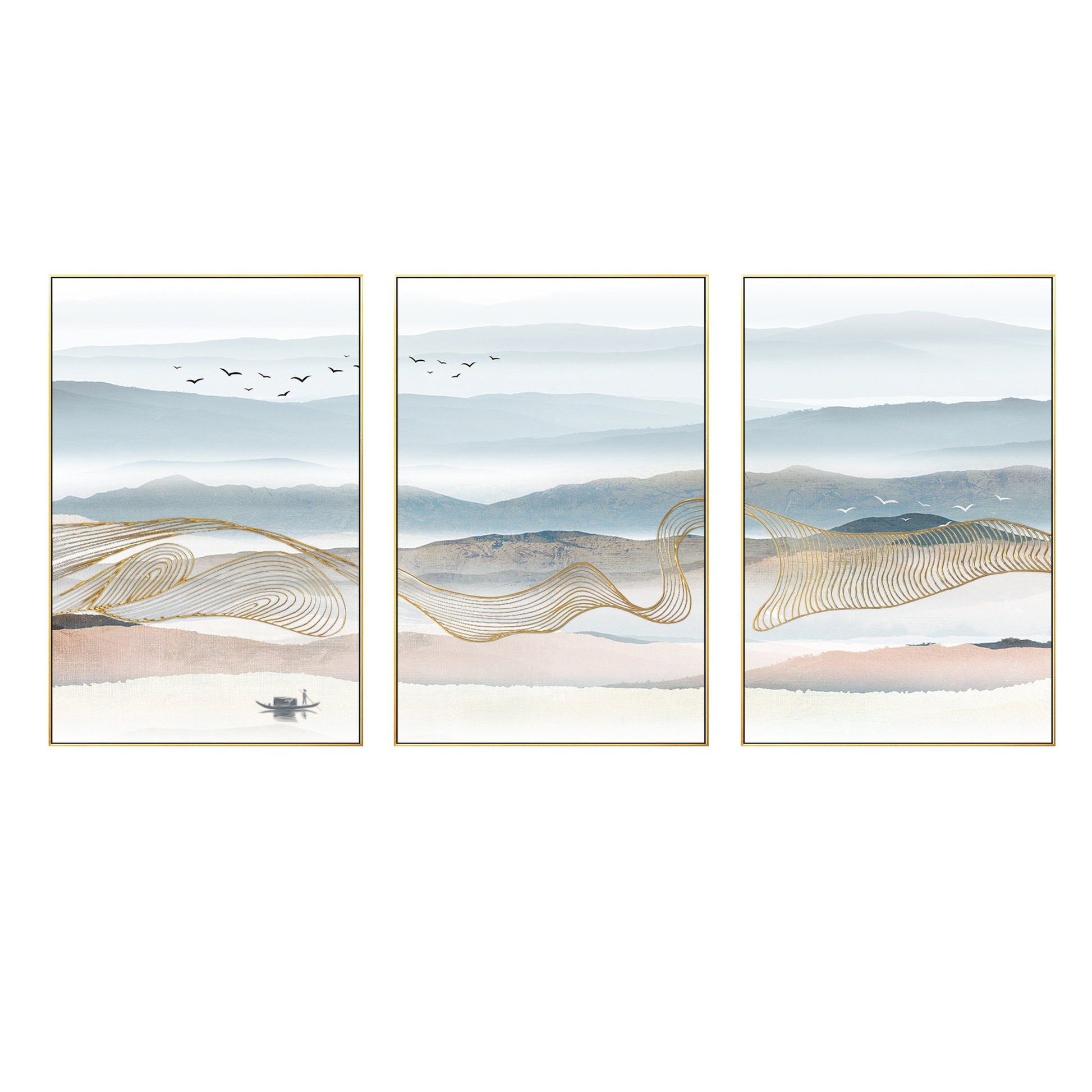 Set of 3 Mountain Canvas Painting: Gold Line Abstract Landscape Wall Art #7