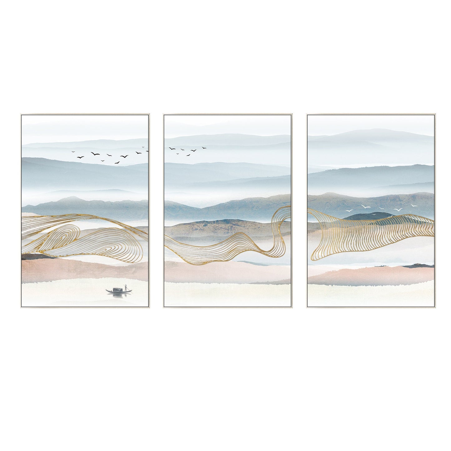 Set of 3 Mountain Canvas Painting: Gold Line Abstract Landscape Wall Art #8